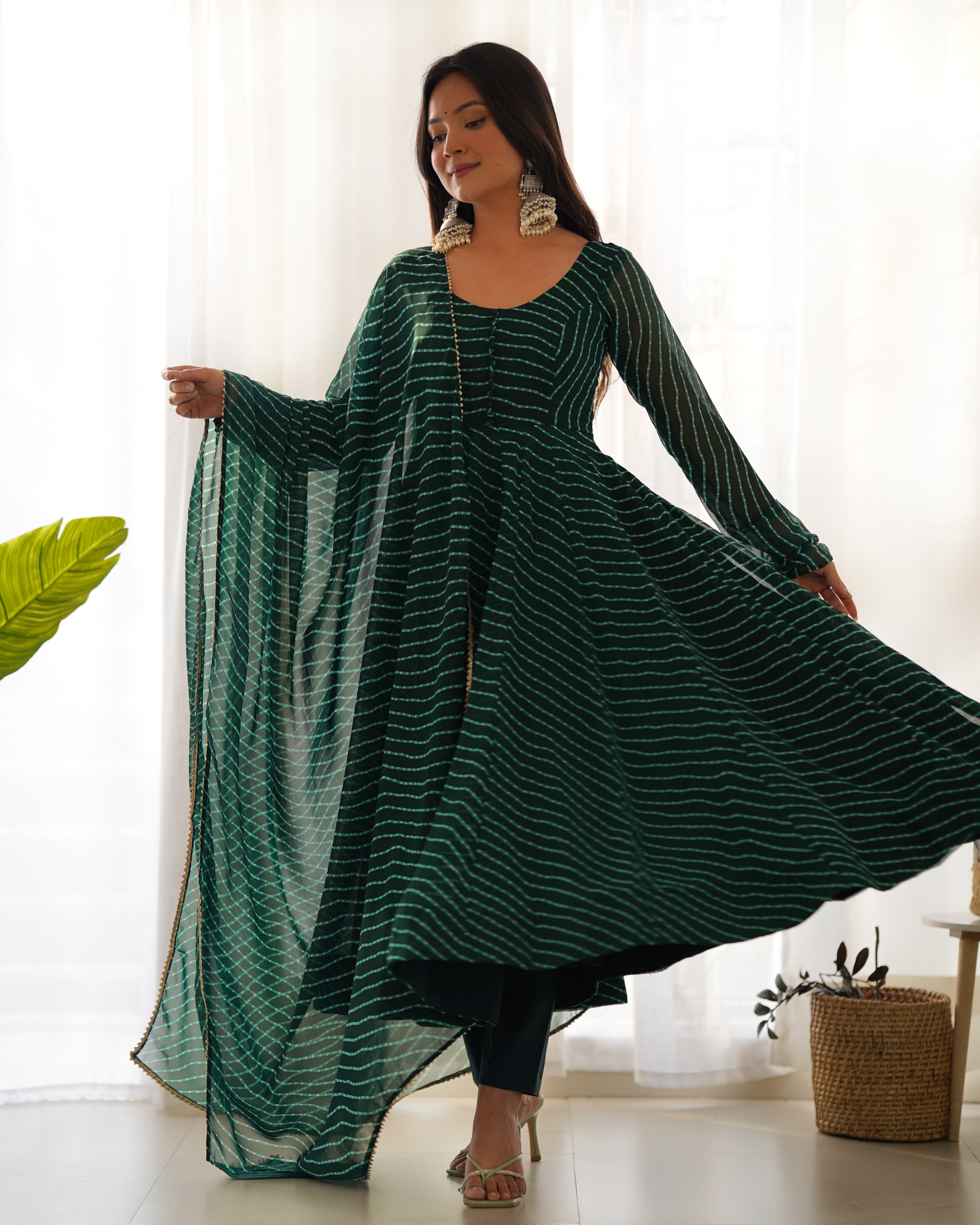 Green Pure Soft Faux Georgette Leheriya Anarkali Suit With Huge Flair Comes With Duppatta & Pant