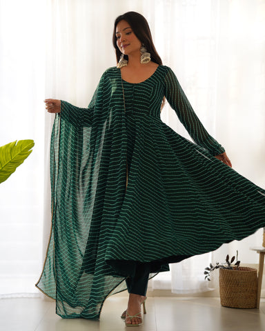 Green Pure Soft Faux Georgette Leheriya Anarkali Suit With Huge Flair Comes With Duppatta & Pant