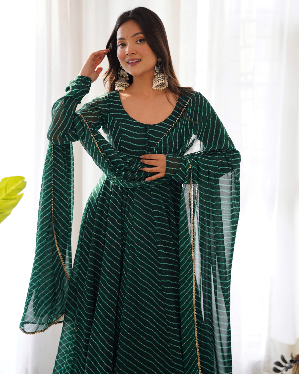 Green Pure Soft Faux Georgette Leheriya Anarkali Suit With Huge Flair Comes With Duppatta & Pant