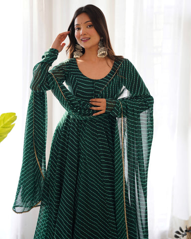 Green Pure Soft Faux Georgette Leheriya Anarkali Suit With Huge Flair Comes With Duppatta & Pant