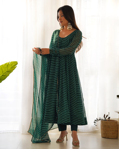 Green Pure Soft Faux Georgette Leheriya Anarkali Suit With Huge Flair Comes With Duppatta & Pant