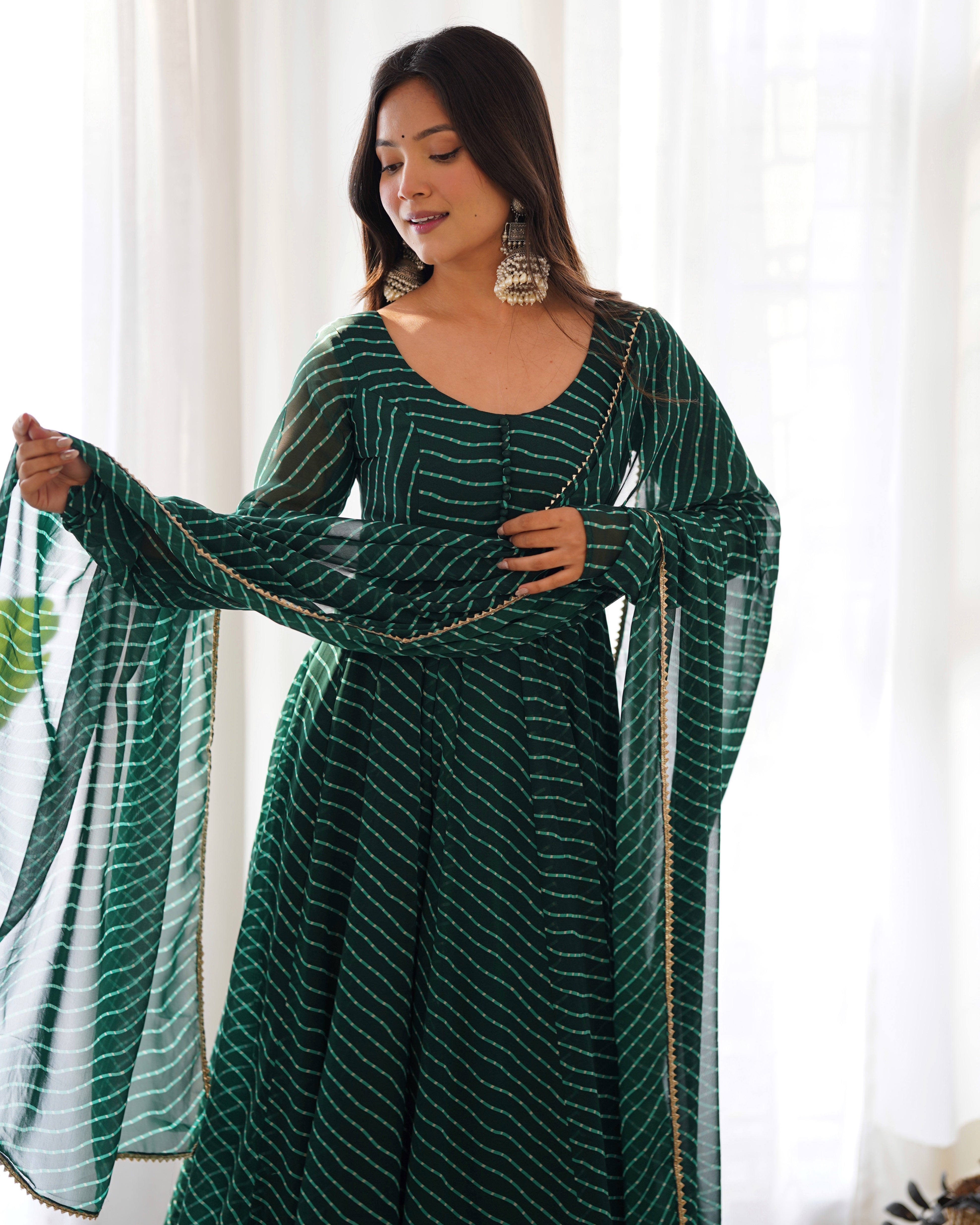 Green Pure Soft Faux Georgette Leheriya Anarkali Suit With Huge Flair Comes With Duppatta & Pant