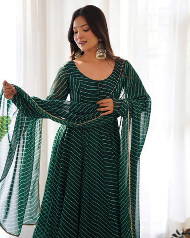 Green Pure Soft Faux Georgette Leheriya Anarkali Suit With Huge Flair Comes With Duppatta & Pant