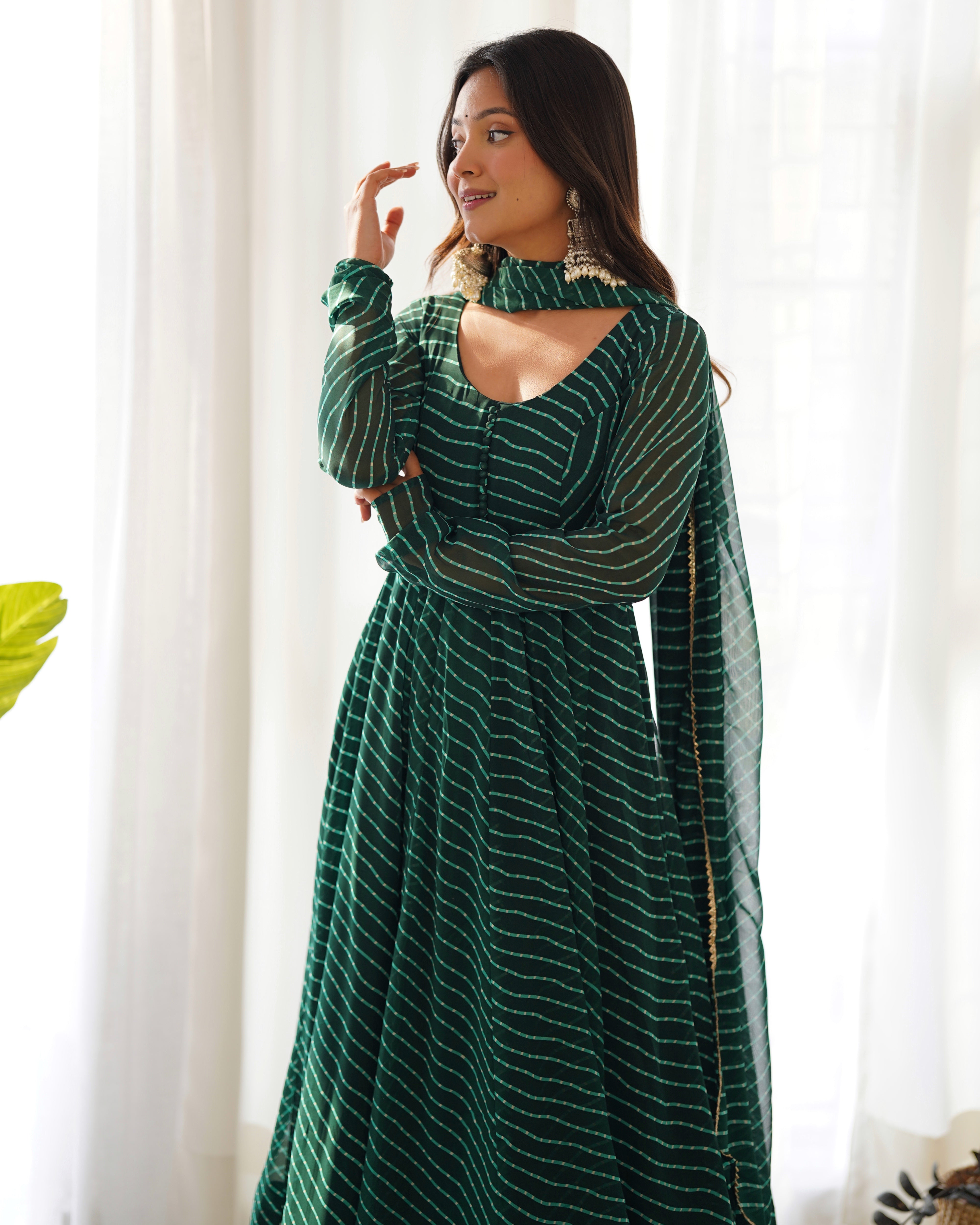 Green Pure Soft Faux Georgette Leheriya Anarkali Suit With Huge Flair Comes With Duppatta & Pant