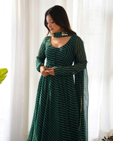Green Pure Soft Faux Georgette Leheriya Anarkali Suit With Huge Flair Comes With Duppatta & Pant