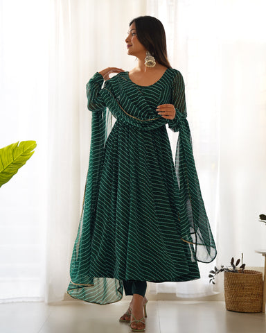 Green Pure Soft Faux Georgette Leheriya Anarkali Suit With Huge Flair Comes With Duppatta & Pant
