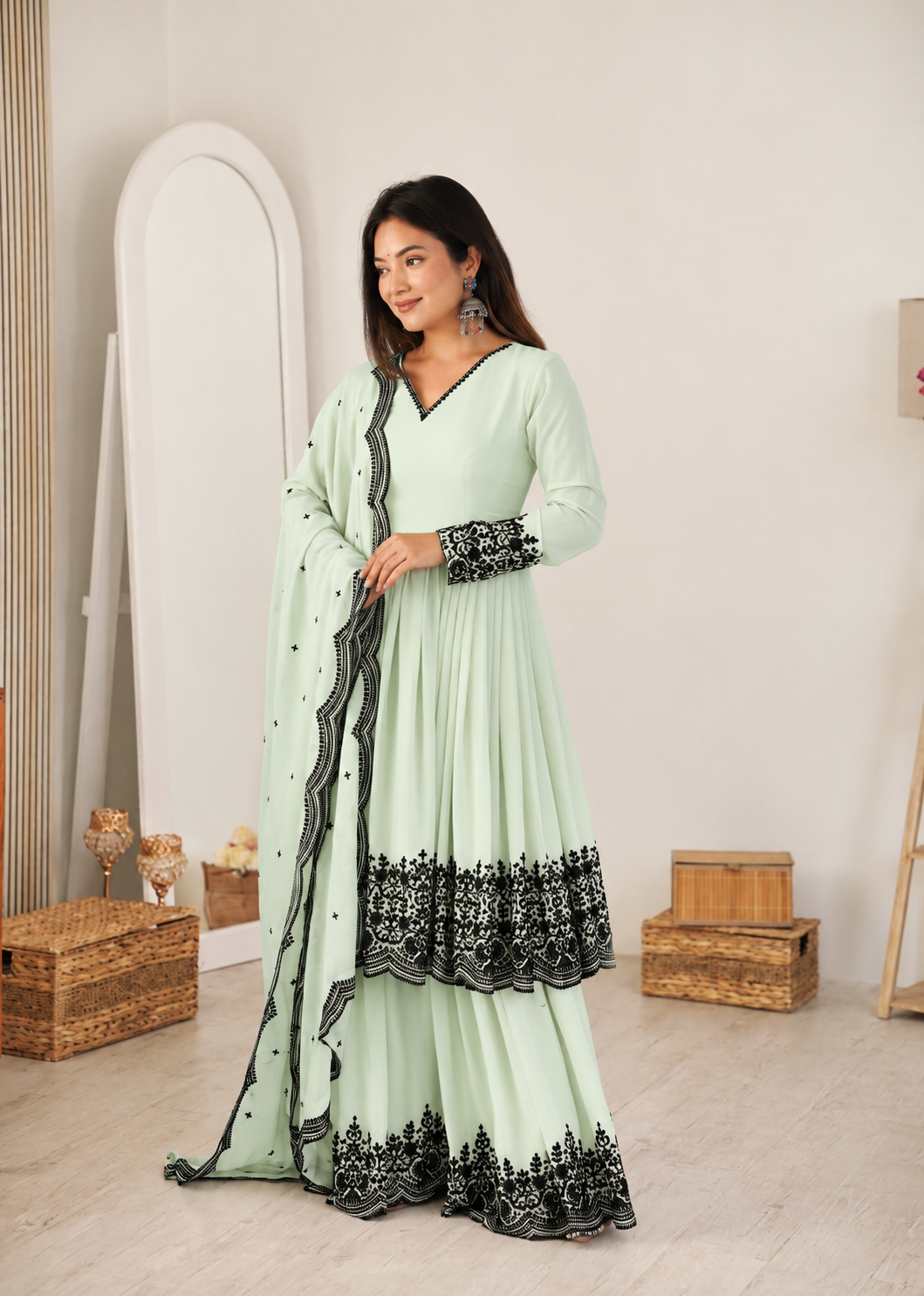 Elegant Green Faux Georgette Embroidered Suit Set with Dupatta
