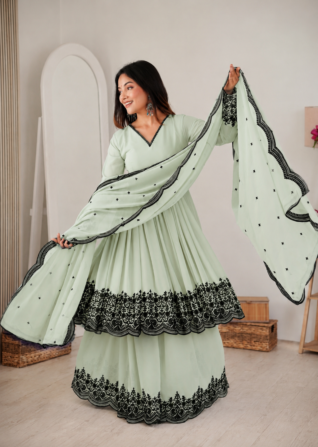 Elegant Green Faux Georgette Embroidered Suit Set with Dupatta
