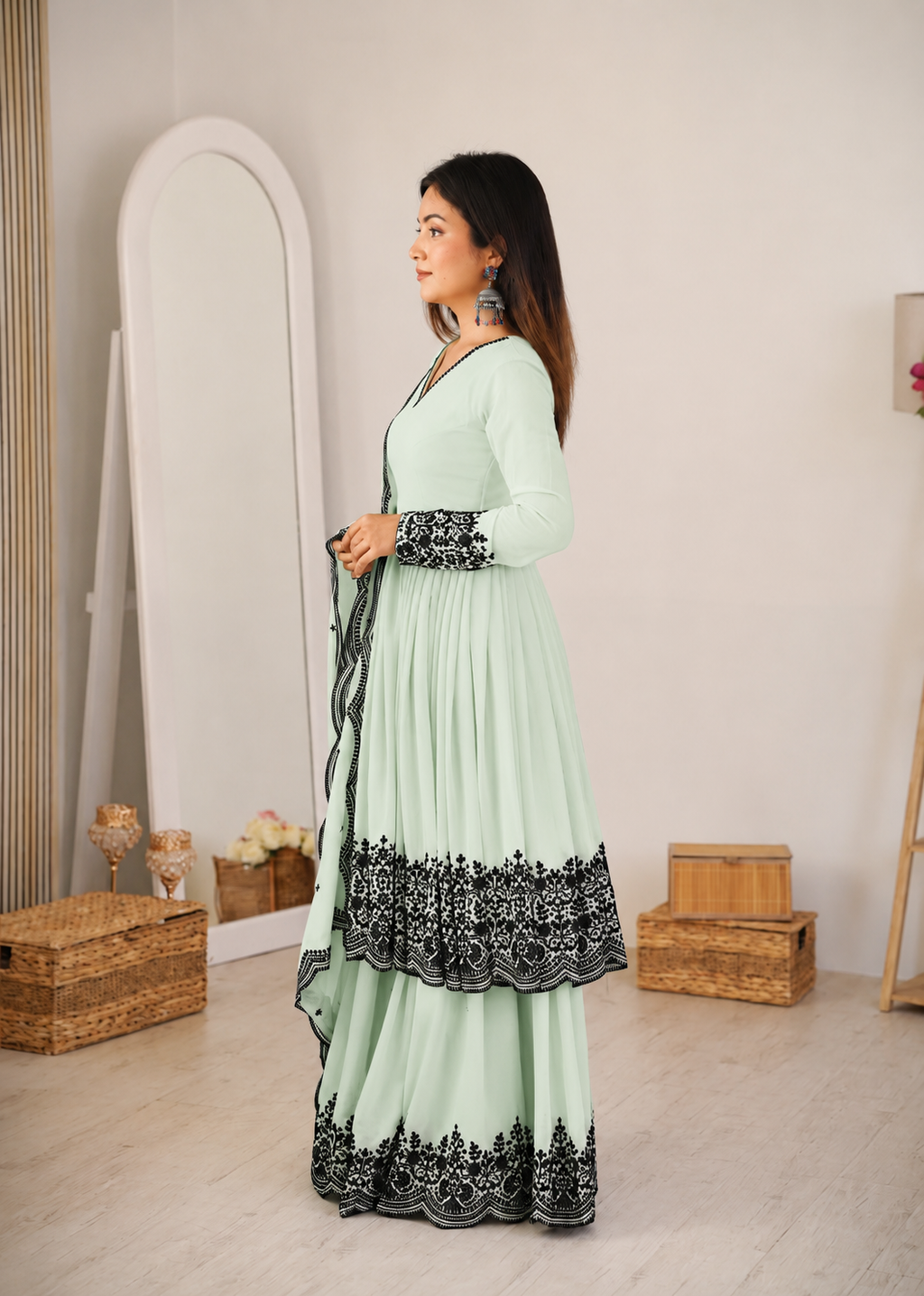 Elegant Green Faux Georgette Embroidered Suit Set with Dupatta
