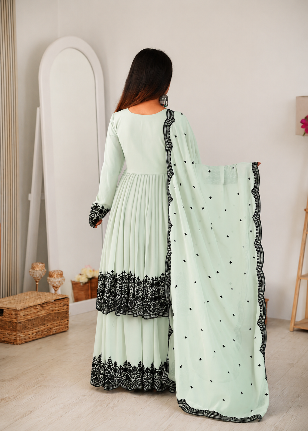 Elegant Green Faux Georgette Embroidered Suit Set with Dupatta
