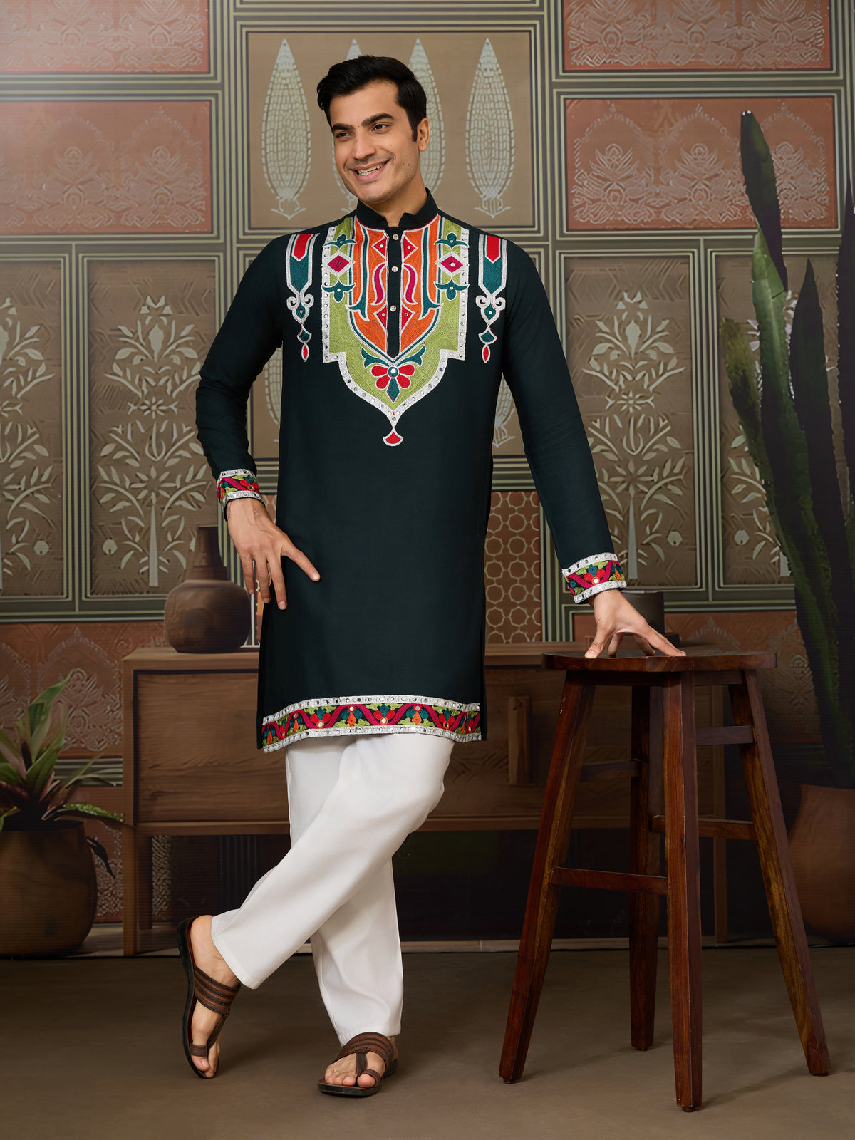 Green Embroidered Festival Wear Kurta for Men