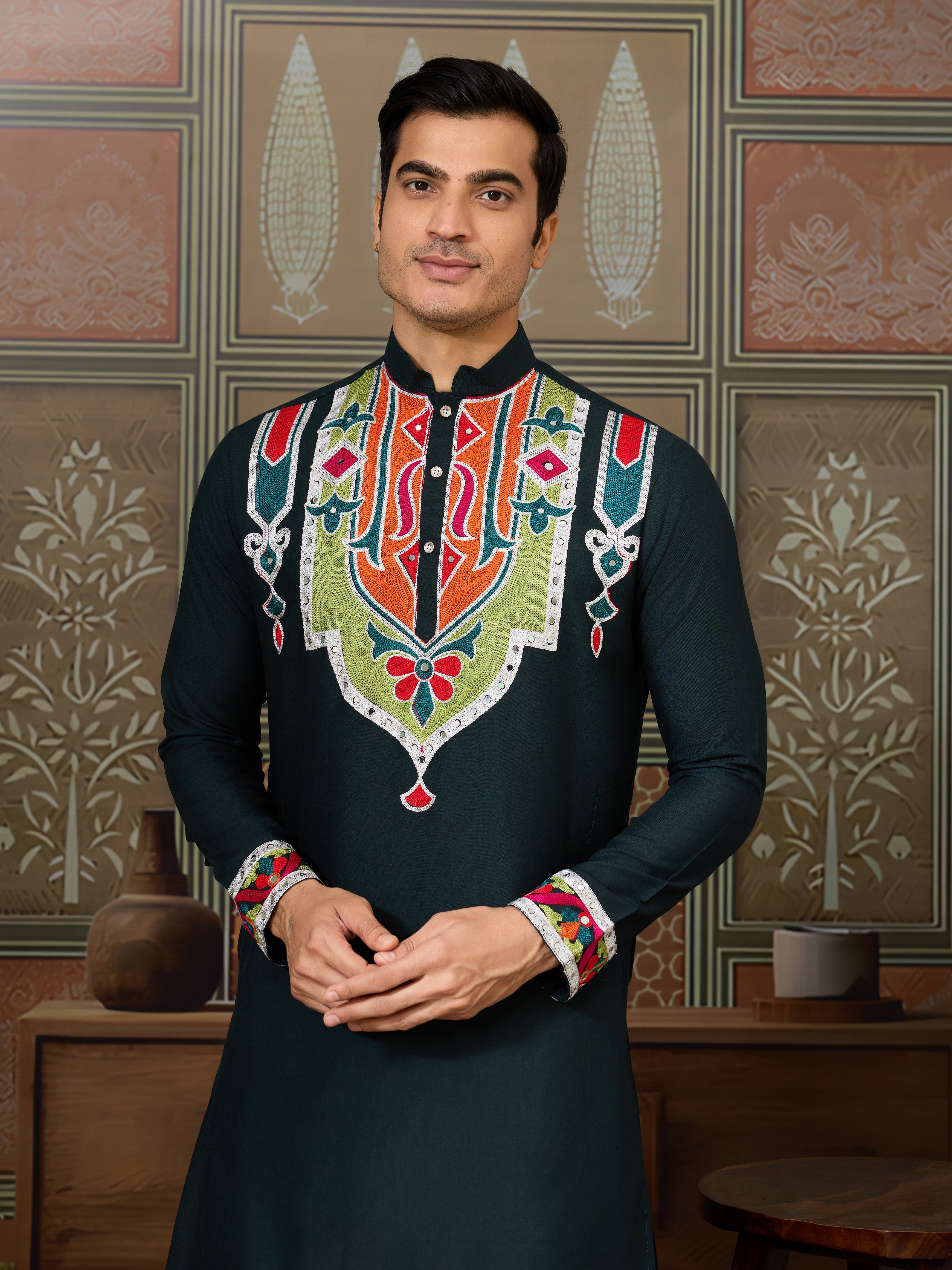 Green Embroidered Festival Wear Kurta for Men