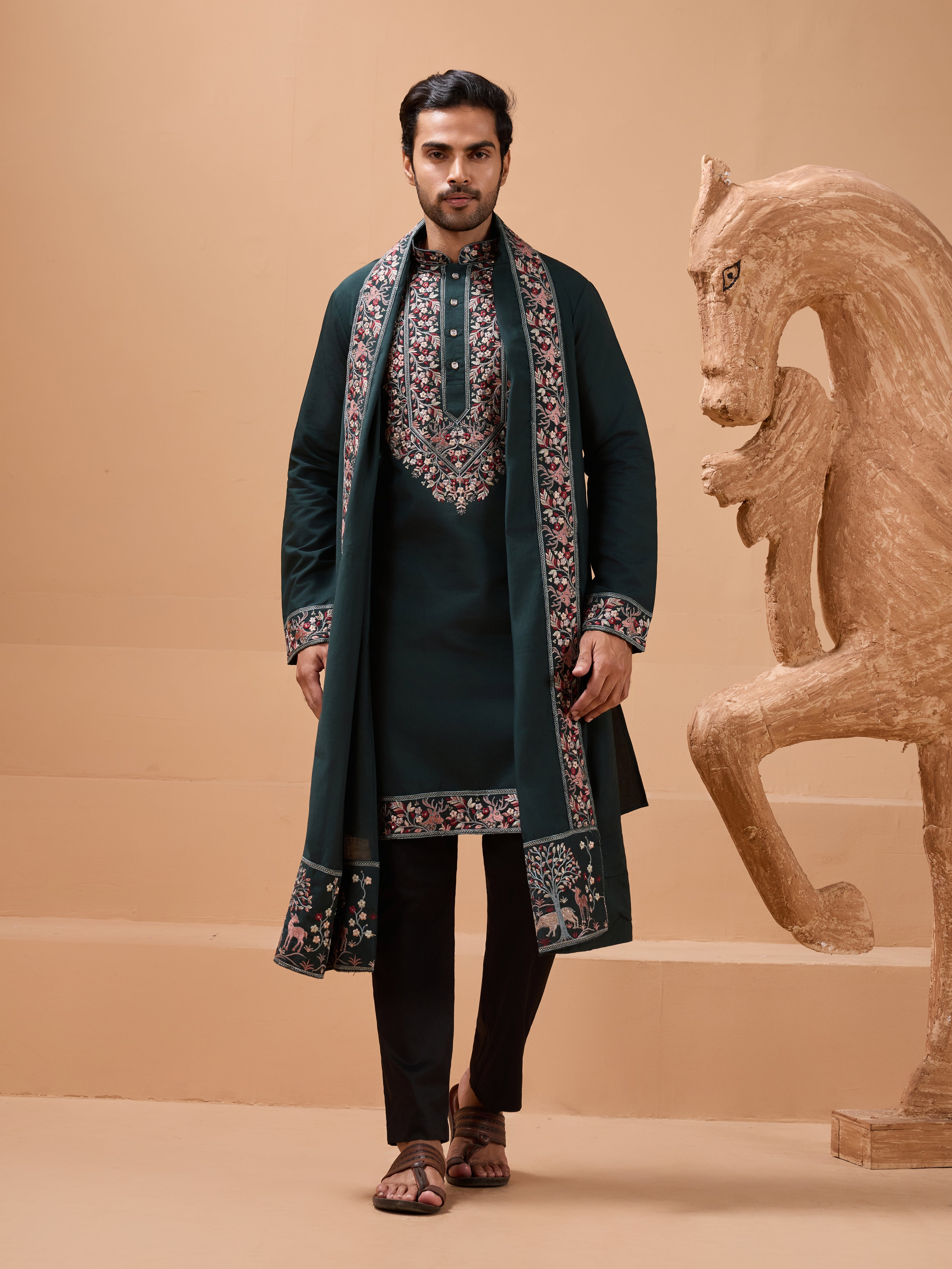 Perfect Green Festival Special Kurta with Dupatta for Mens