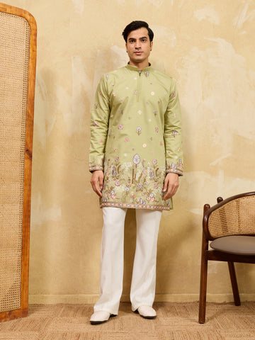 Light Green Festive Wear Embroidered Kurta Set With Pant