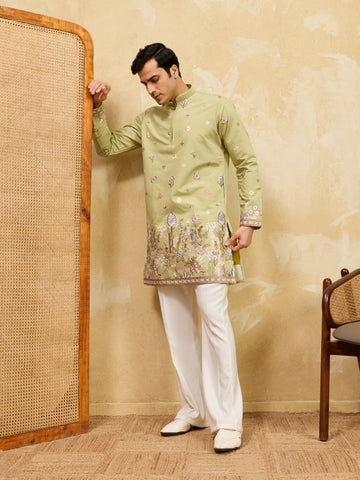 Light Green Festive Wear Embroidered Kurta Set With Pant