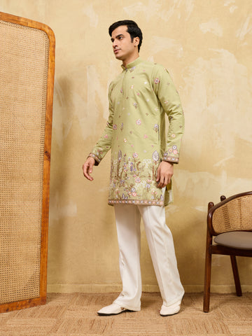 Light Green Festive Wear Embroidered Kurta Set With Pant