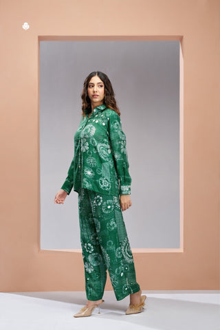 Dark Green Designer Pure Muslin Silk Floral Co Ord Set