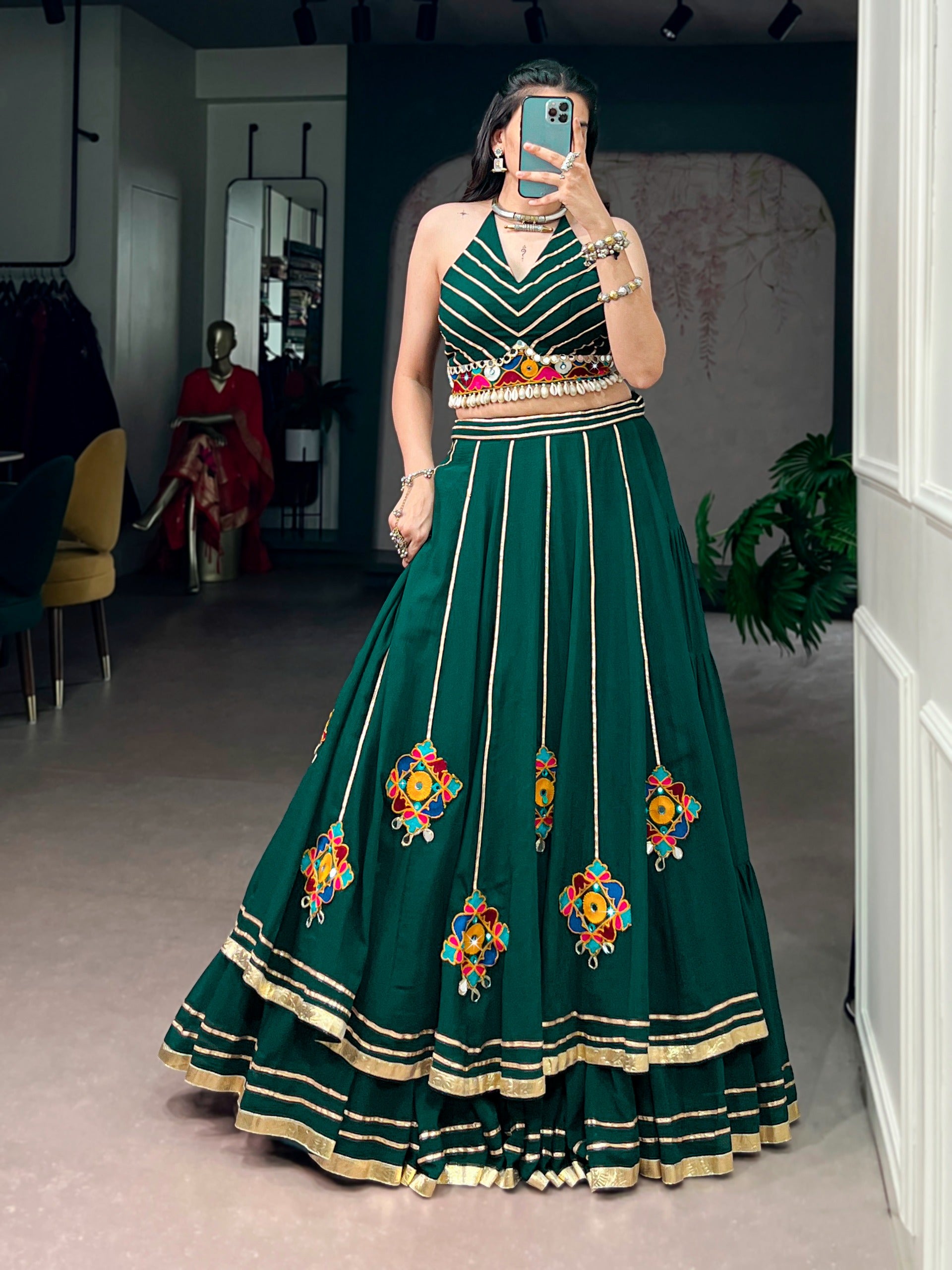 Green Gamthi Work Lehenga Choli for Dandiya Festival
