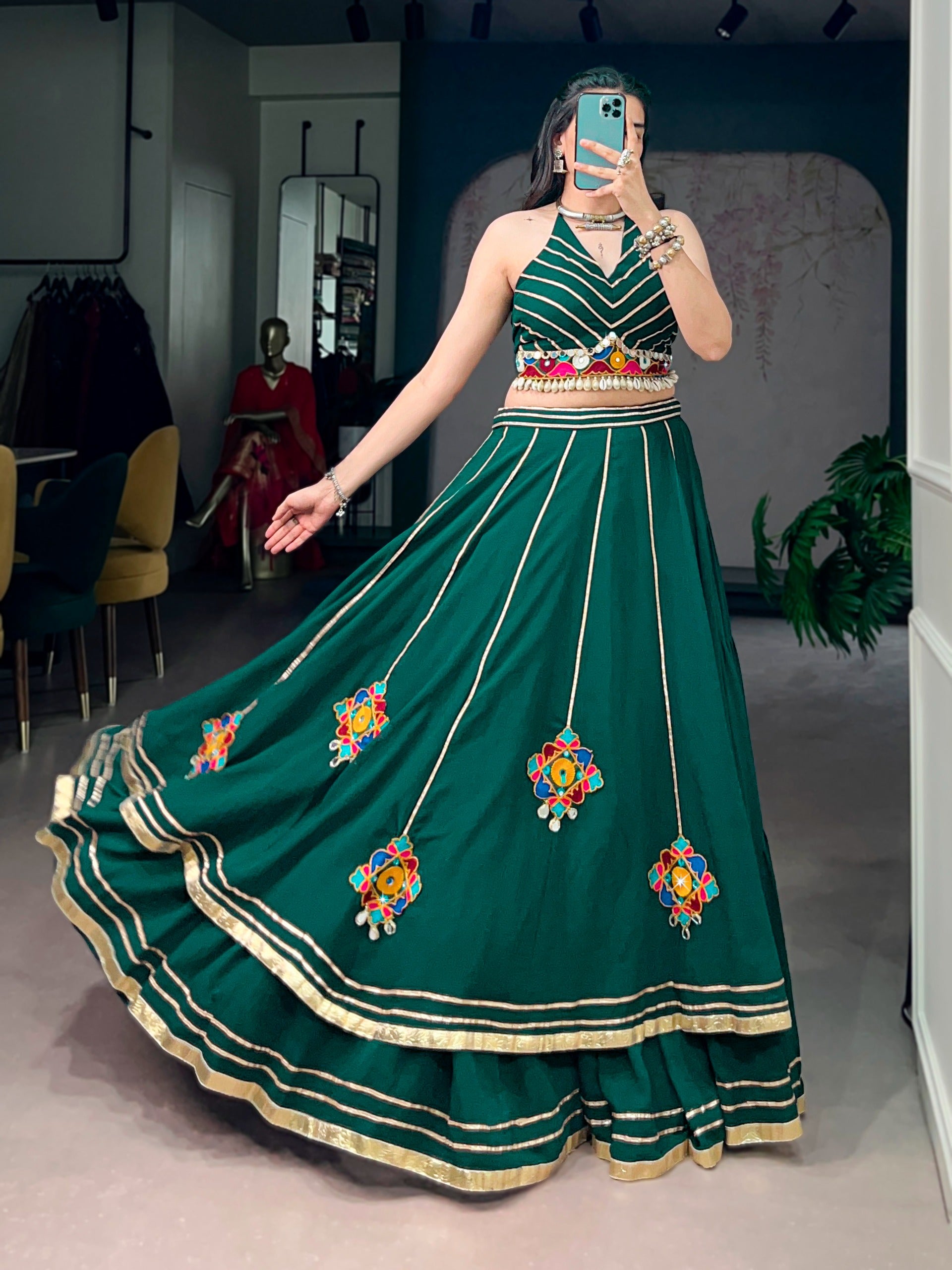 Green Gamthi Work Lehenga Choli for Dandiya Festival

