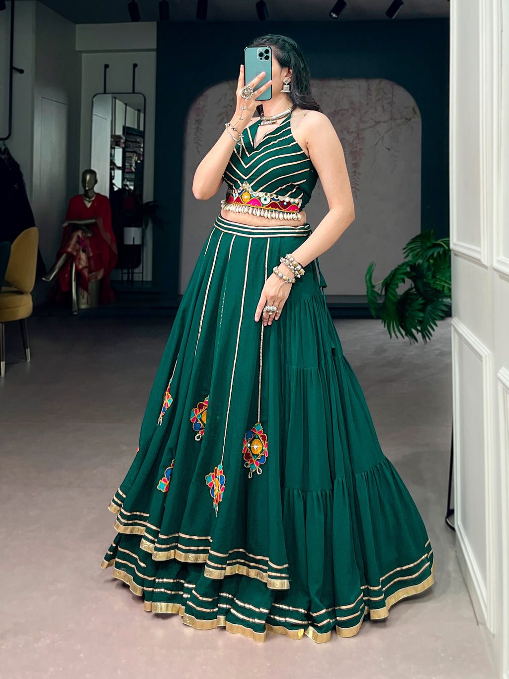 Green Gamthi Work Lehenga Choli for Dandiya Festival
