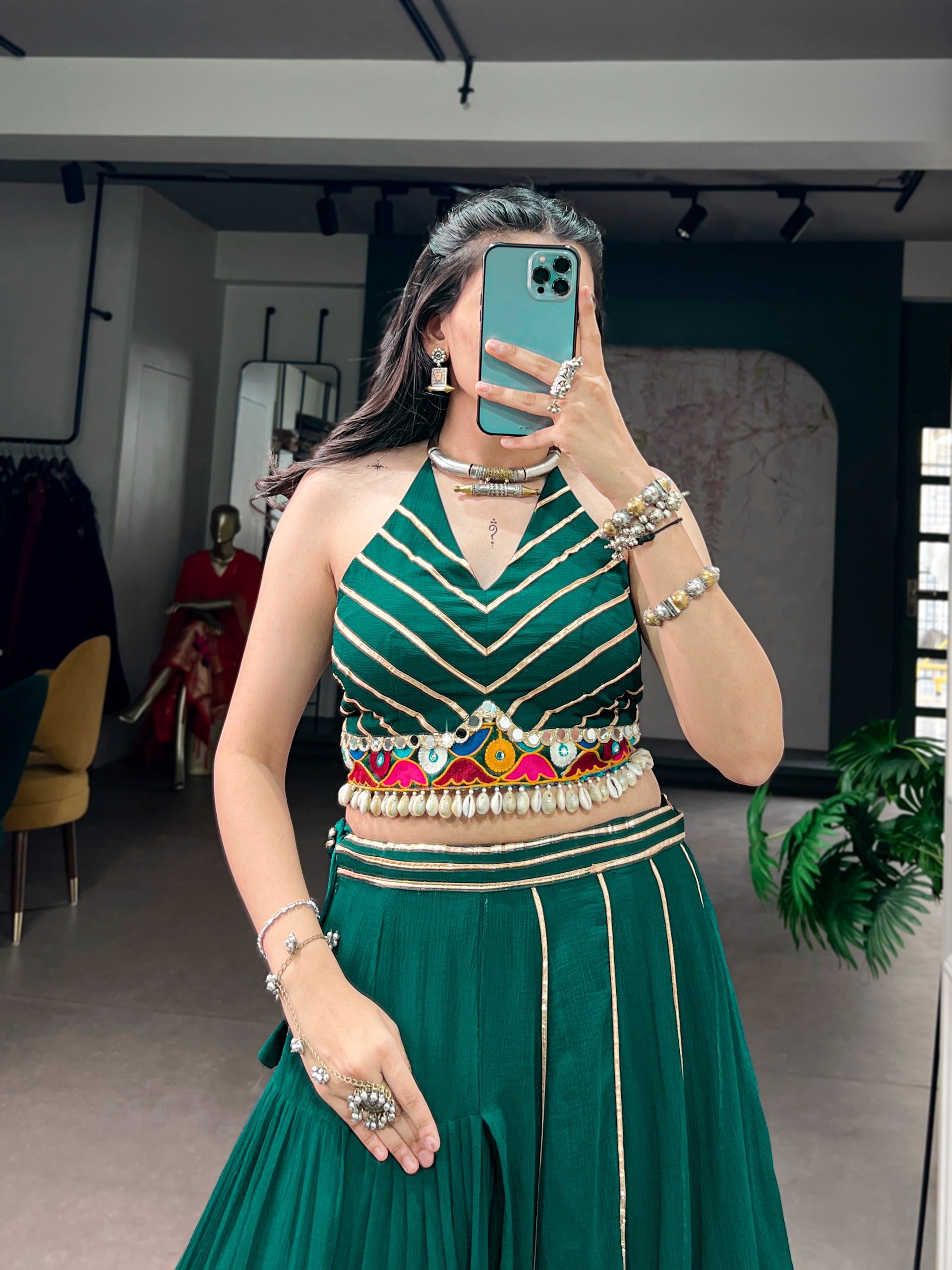 Green Gamthi Work Lehenga Choli for Dandiya Festival
