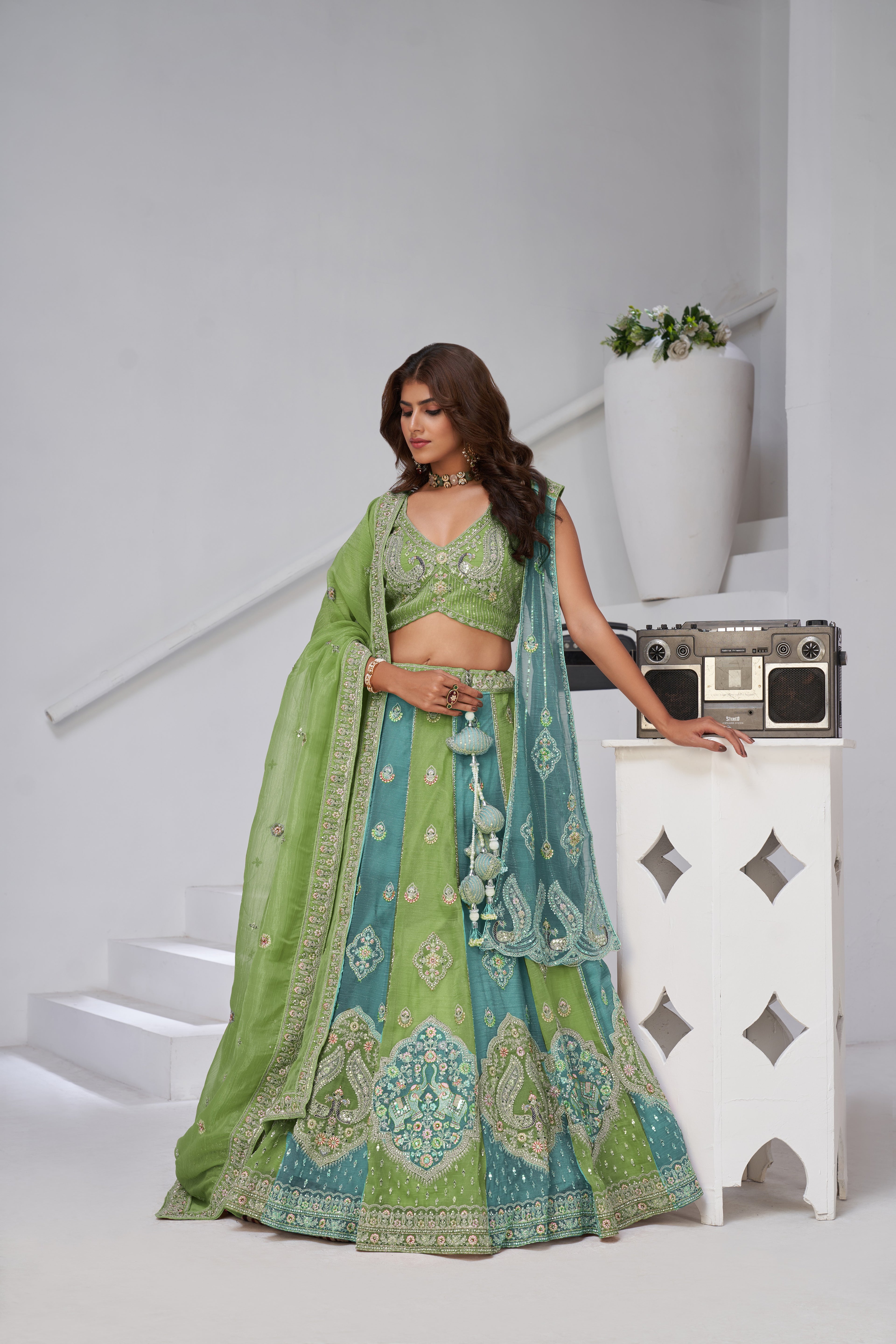 Green Ethereal Harmony Double Layered Dupatta Bridal Lehenga
