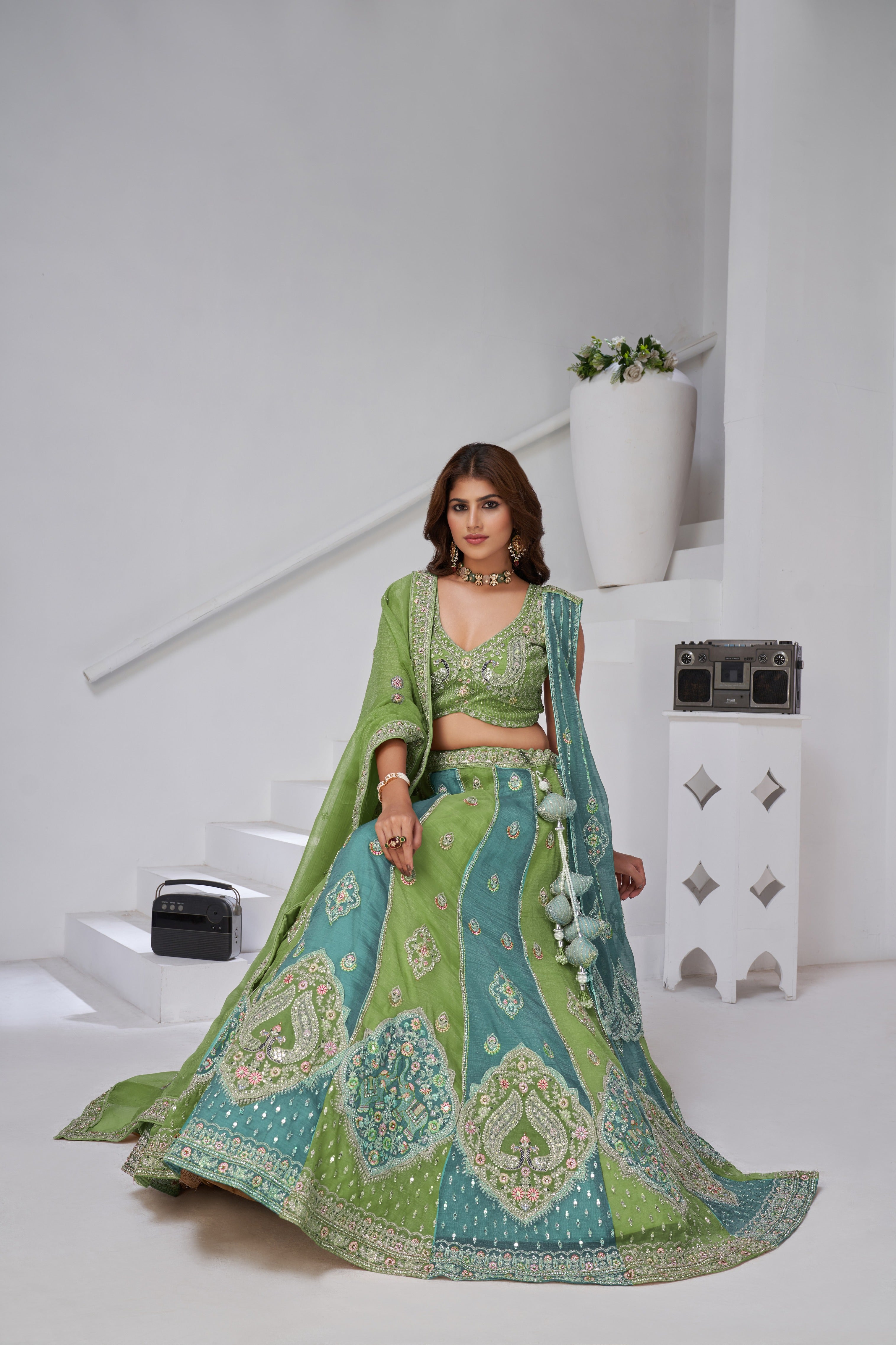 Green Ethereal Harmony Double Layered Dupatta Bridal Lehenga
