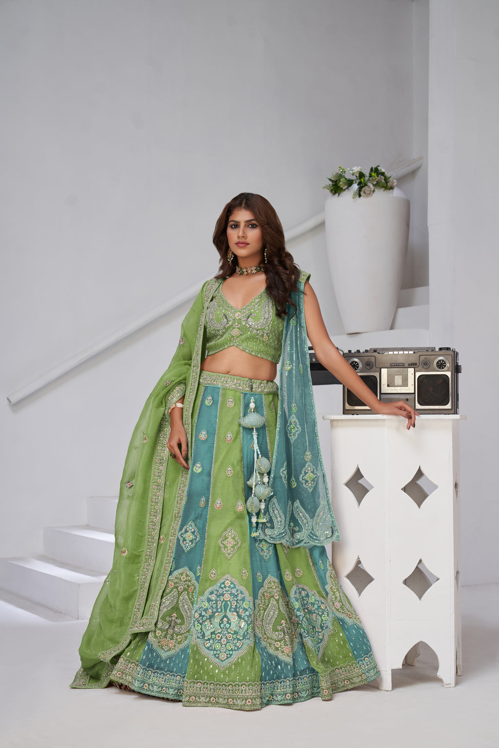 Green Ethereal Harmony Double Layered Dupatta Bridal Lehenga
