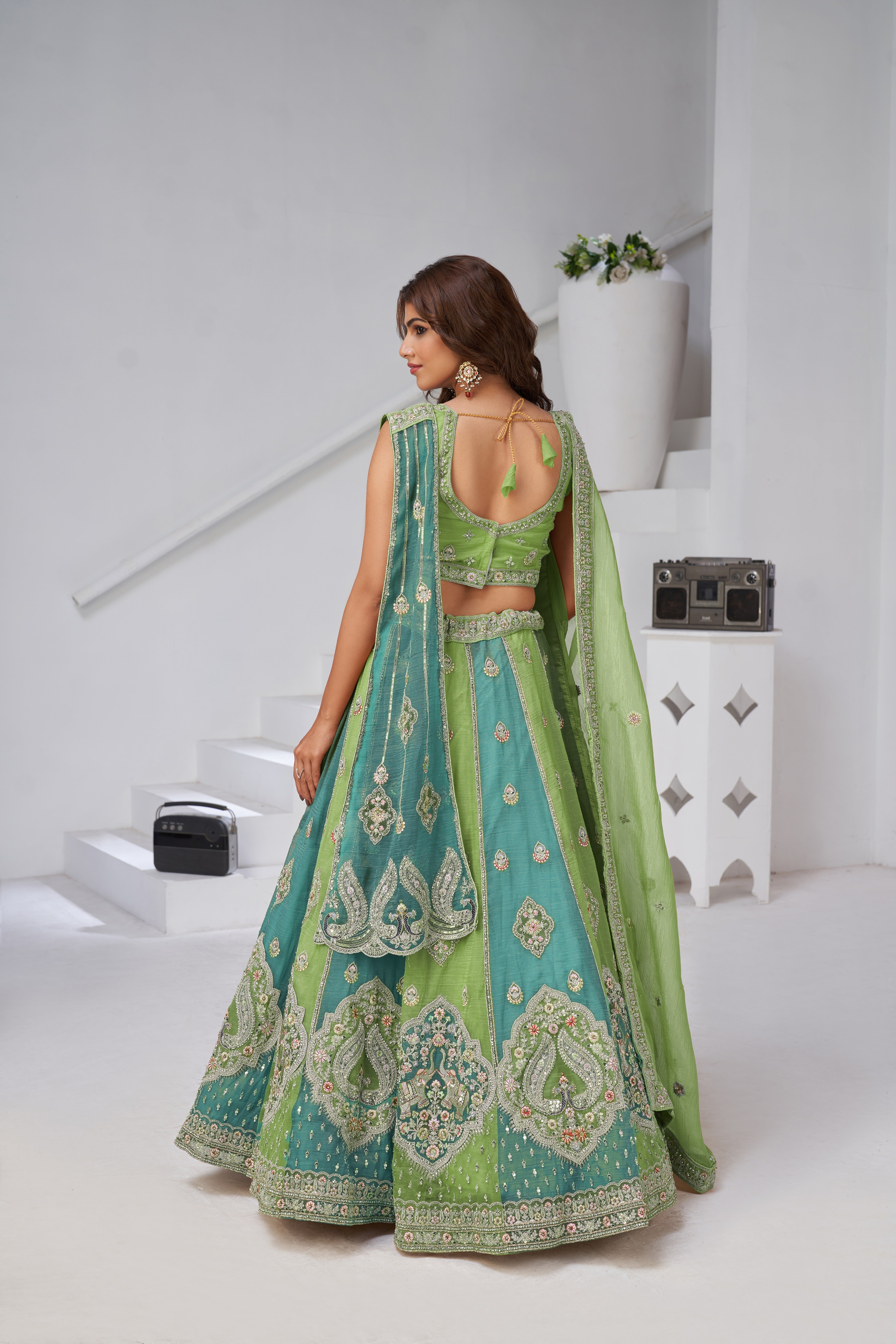 Green Ethereal Harmony Double Layered Dupatta Bridal Lehenga