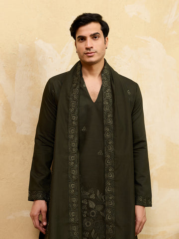 Dark Green Viscose Silk Thread Work Embroidered Kurta Dupatta Set
