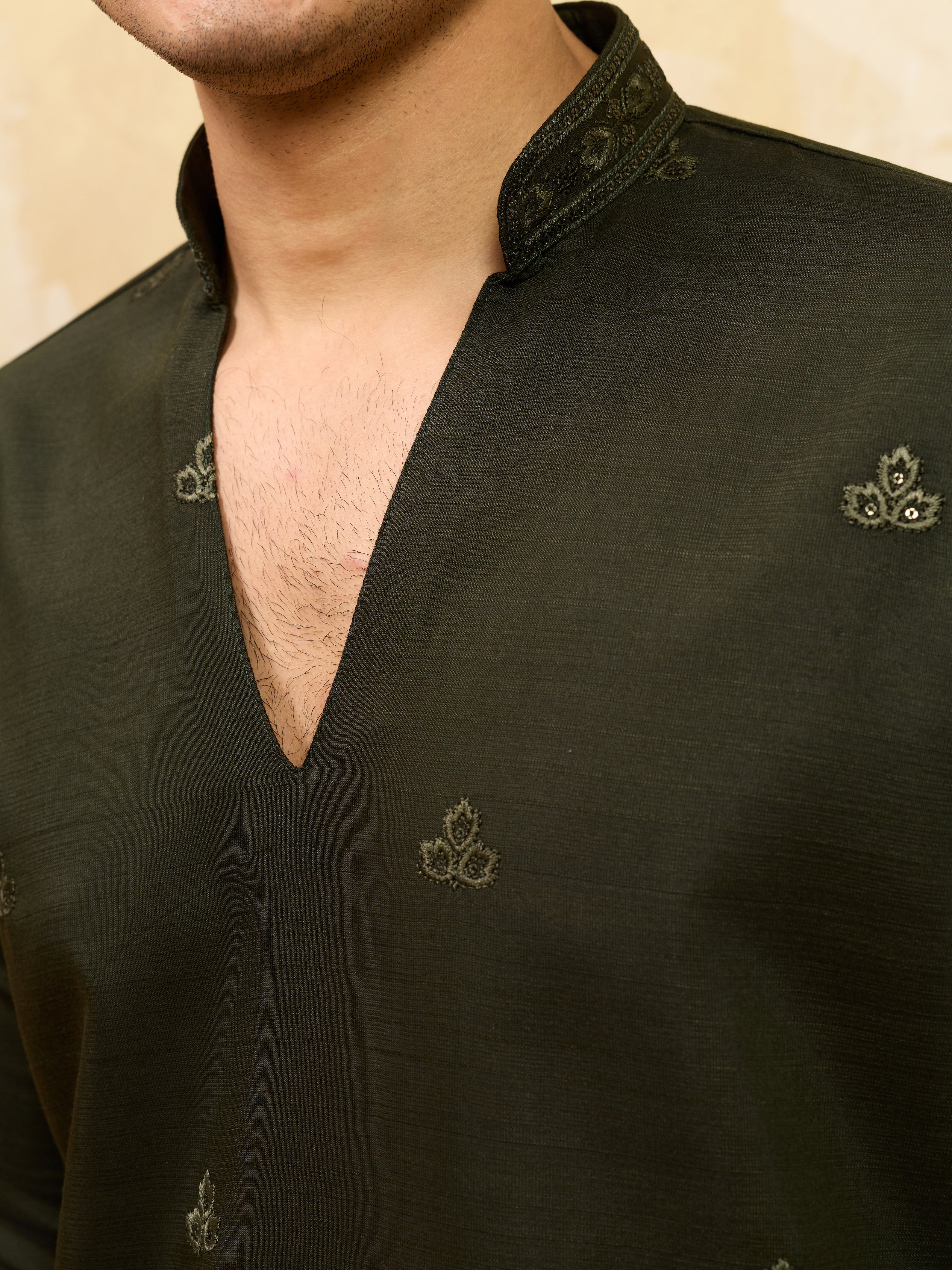 Dark Green Viscose Silk Thread Work Embroidered Kurta Dupatta Set
