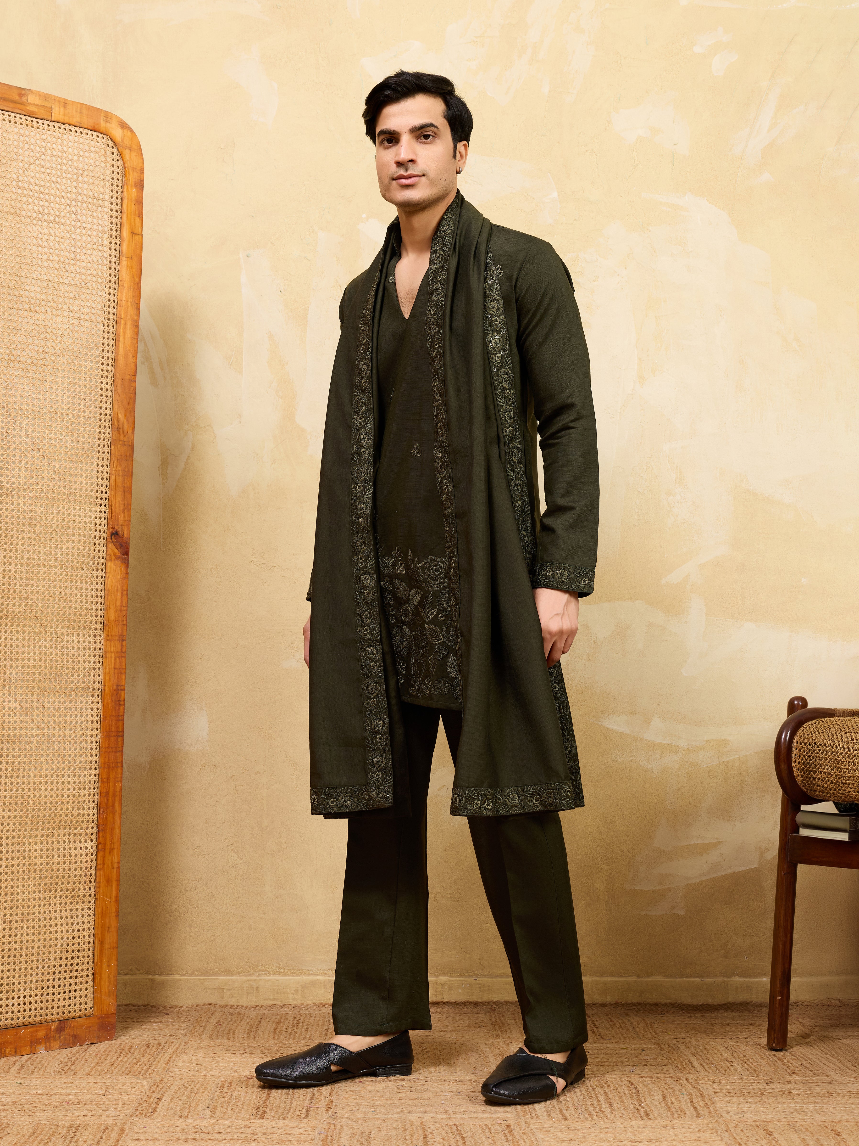 Dark Green Viscose Silk Thread Work Embroidered Kurta Dupatta Set
