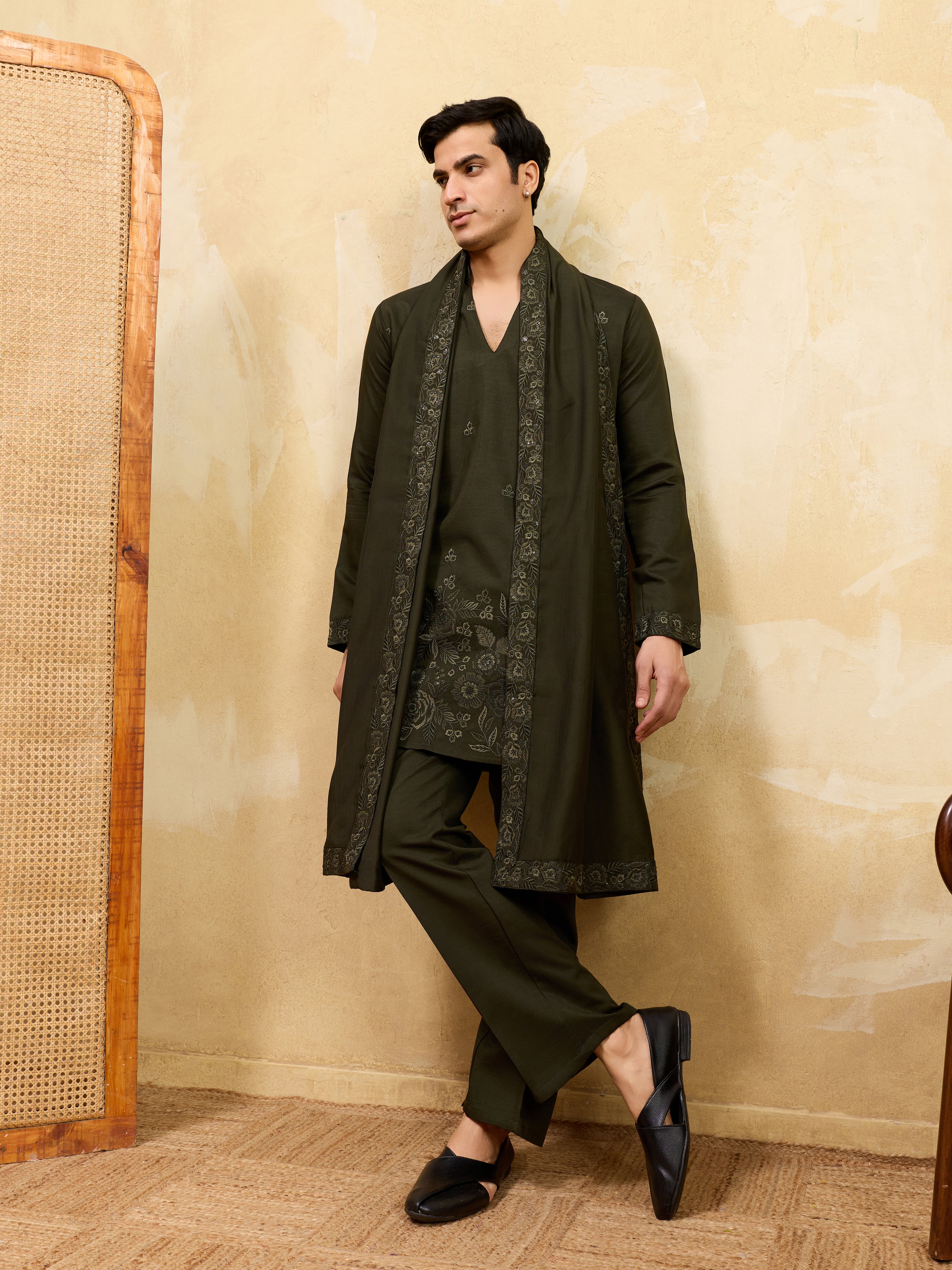 Dark Green Viscose Silk Thread Work Embroidered Kurta Dupatta Set
