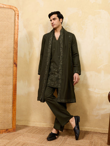Dark Green Viscose Silk Thread Work Embroidered Kurta Dupatta Set
