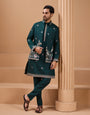 Green Color Embroidered and Sequence Mens Kurta Jacket and Pant Set