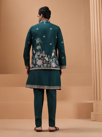 Green Color Embroidered and Sequence Mens Kurta Jacket and Pant Set