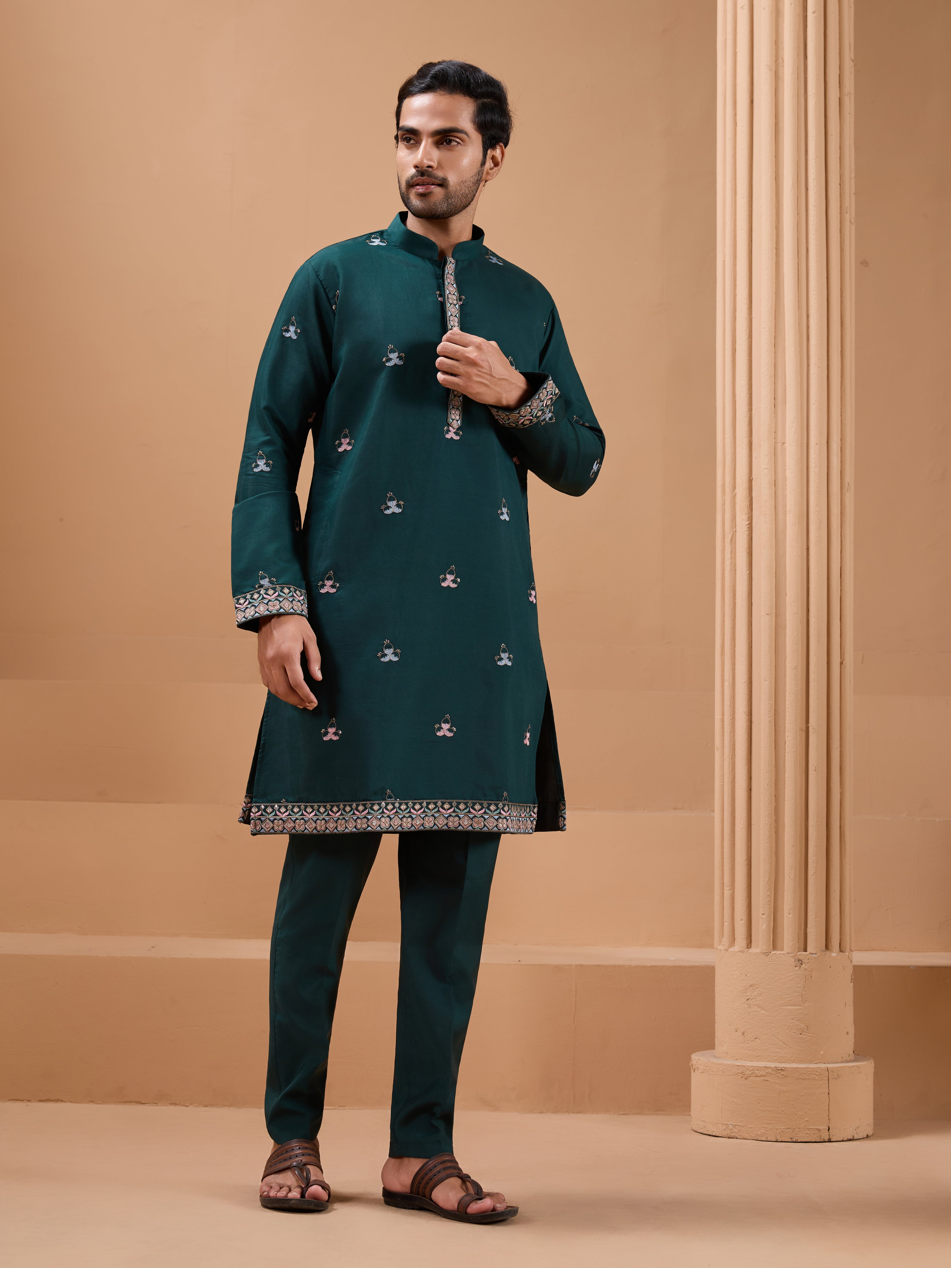 Green Color Embroidered and Sequence Mens Kurta Jacket and Pant Set