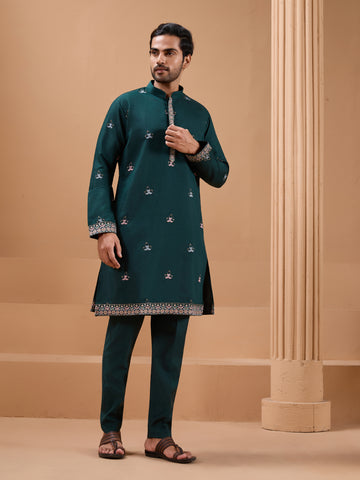 Green Color Embroidered and Sequence Mens Kurta Jacket and Pant Set