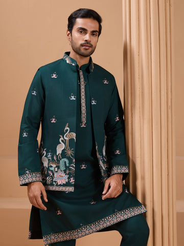 Green Color Embroidered and Sequence Mens Kurta Jacket and Pant Set