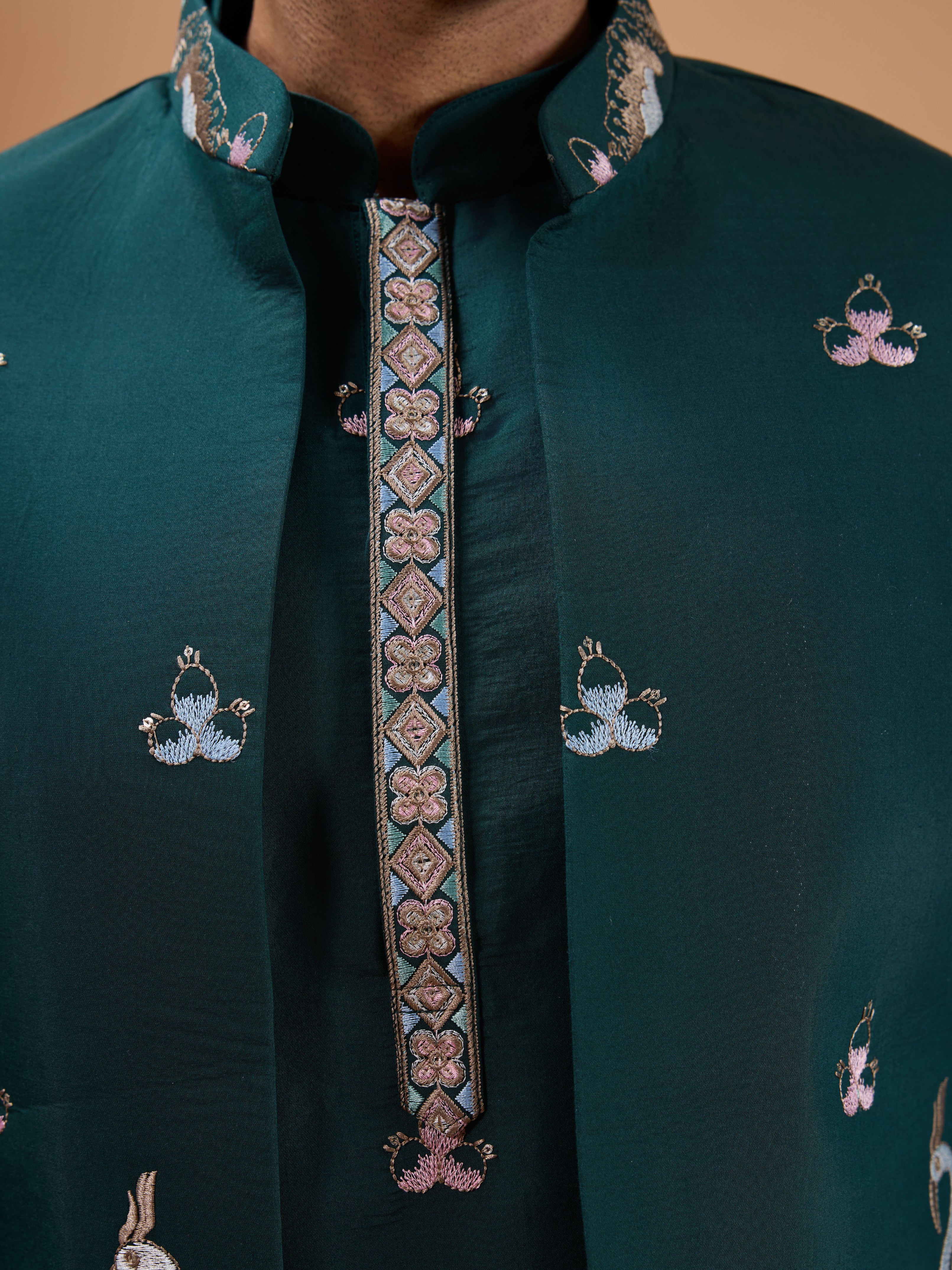 Green Color Embroidered and Sequence Mens Kurta Jacket and Pant Set