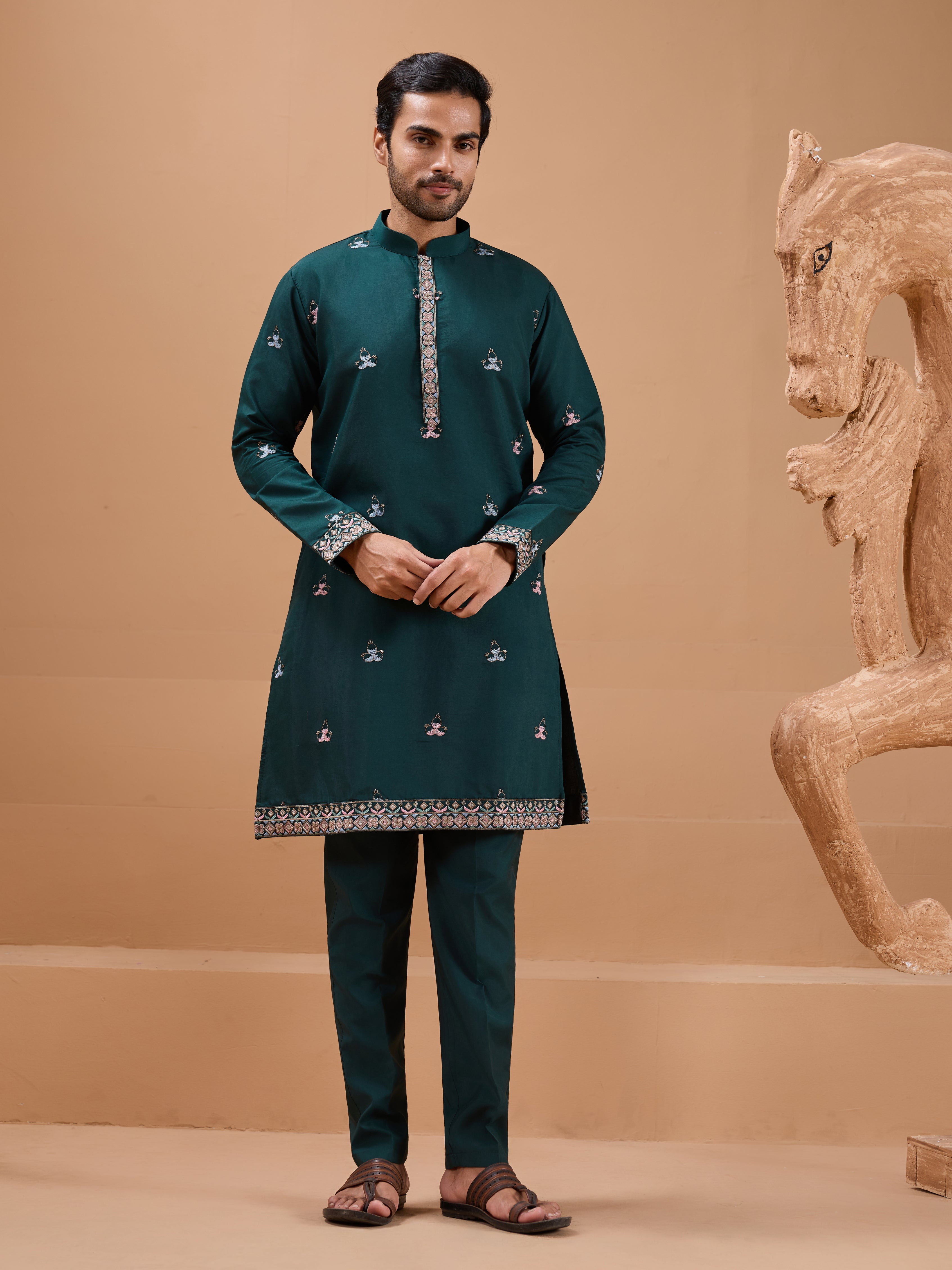 Green Color Embroidered and Sequence Mens Kurta Jacket and Pant Set