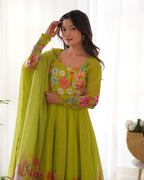 Pure Soft Organja Silk Fabric Fully Flair Kali Pattern And Canvas Patta With Dupatta Set, Pent Ready to Wear - Liril
