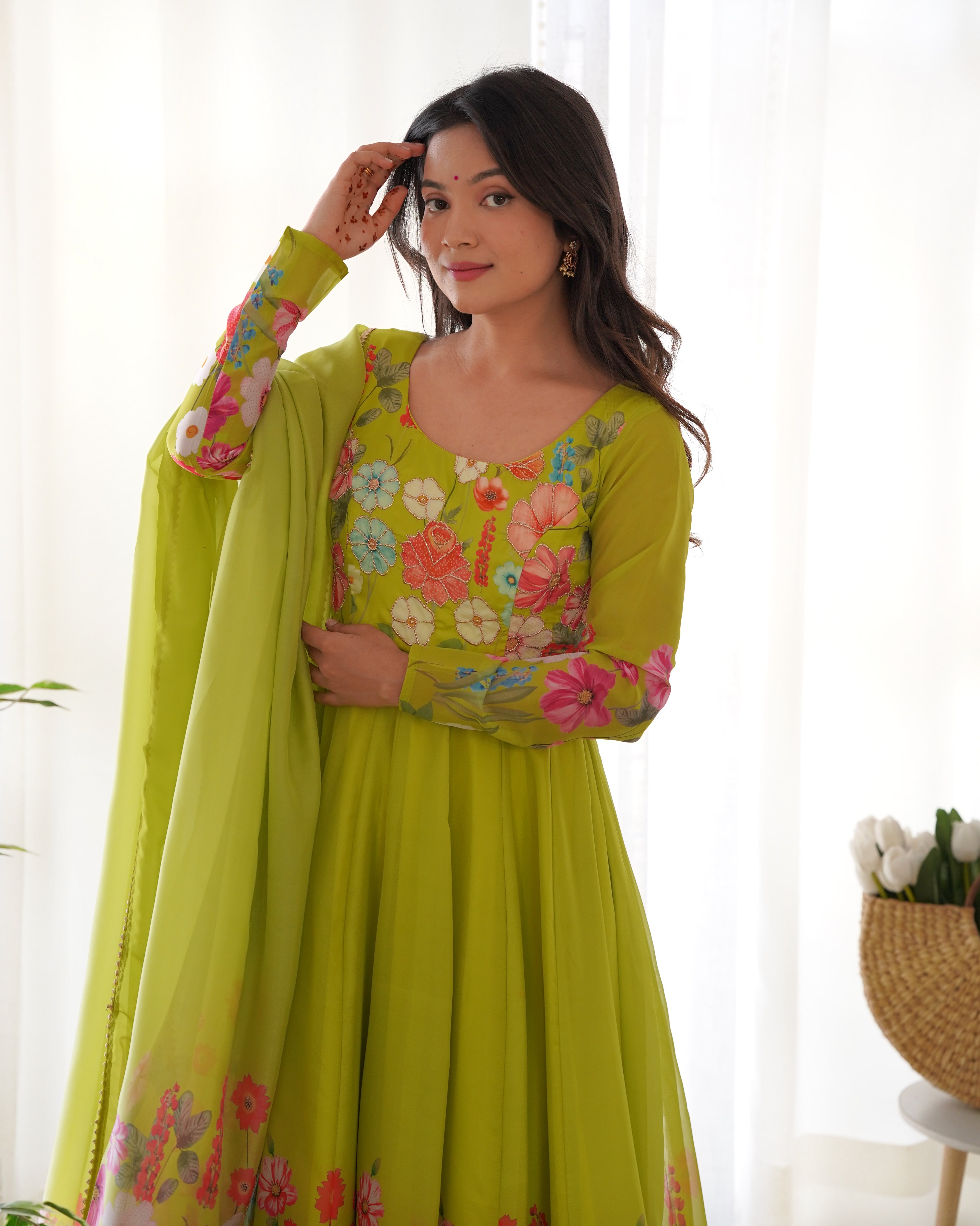 Pure Soft Organja Silk Fabric Fully Flair Kali Pattern And Canvas Patta With Dupatta Set, Pent Ready to Wear - Liril
