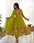 Pure Soft Organja Silk Fabric Fully Flair Kali Pattern And Canvas Patta With Dupatta Set, Pent Ready to Wear - Liril