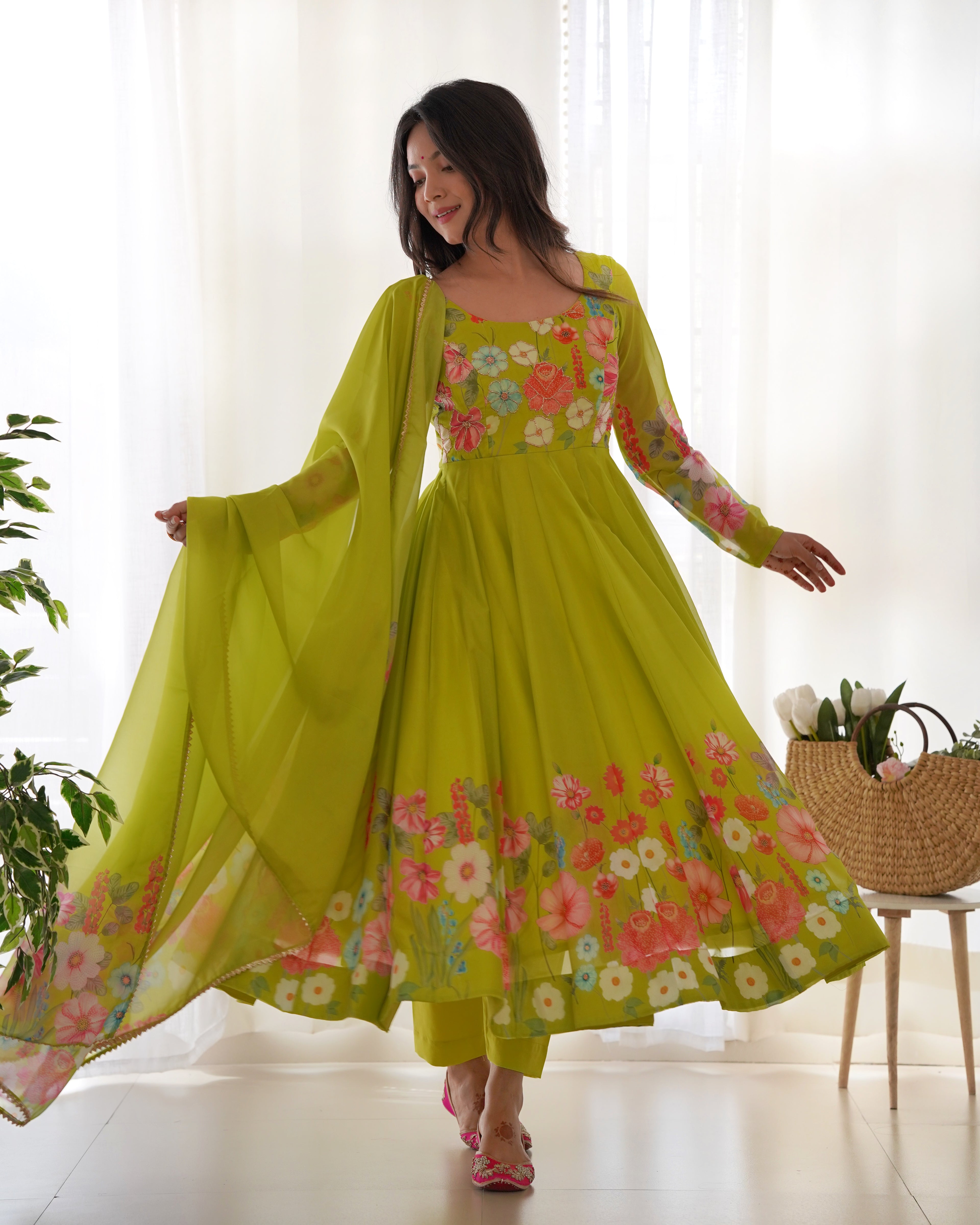 Pure Soft Organja Silk Fabric Fully Flair Kali Pattern And Canvas Patta With Dupatta Set, Pent Ready to Wear - Liril