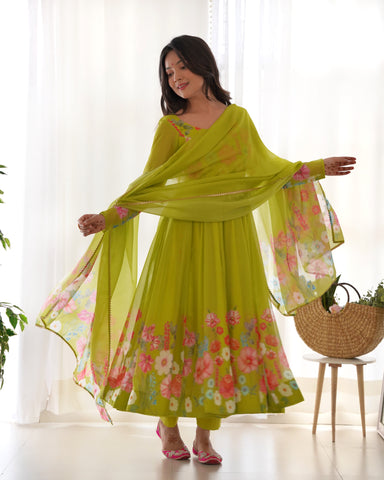 Pure Soft Organja Silk Fabric Fully Flair Kali Pattern And Canvas Patta With Dupatta Set, Pent Ready to Wear - Liril
