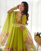 Pure Soft Organja Silk Fabric Fully Flair Kali Pattern And Canvas Patta With Dupatta Set, Pent Ready to Wear - Liril
