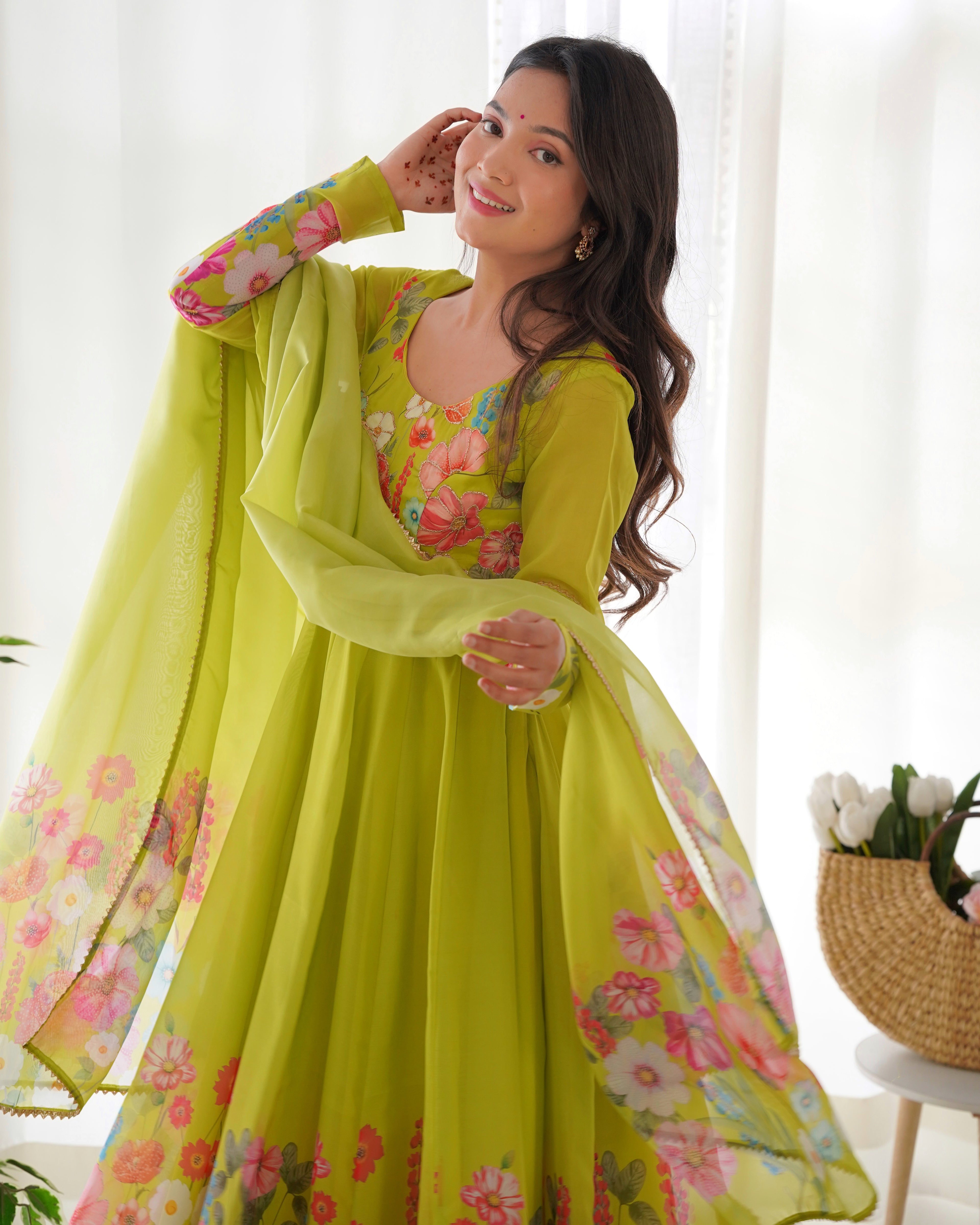 Pure Soft Organja Silk Fabric Fully Flair Kali Pattern And Canvas Patta With Dupatta Set, Pent Ready to Wear - Liril

