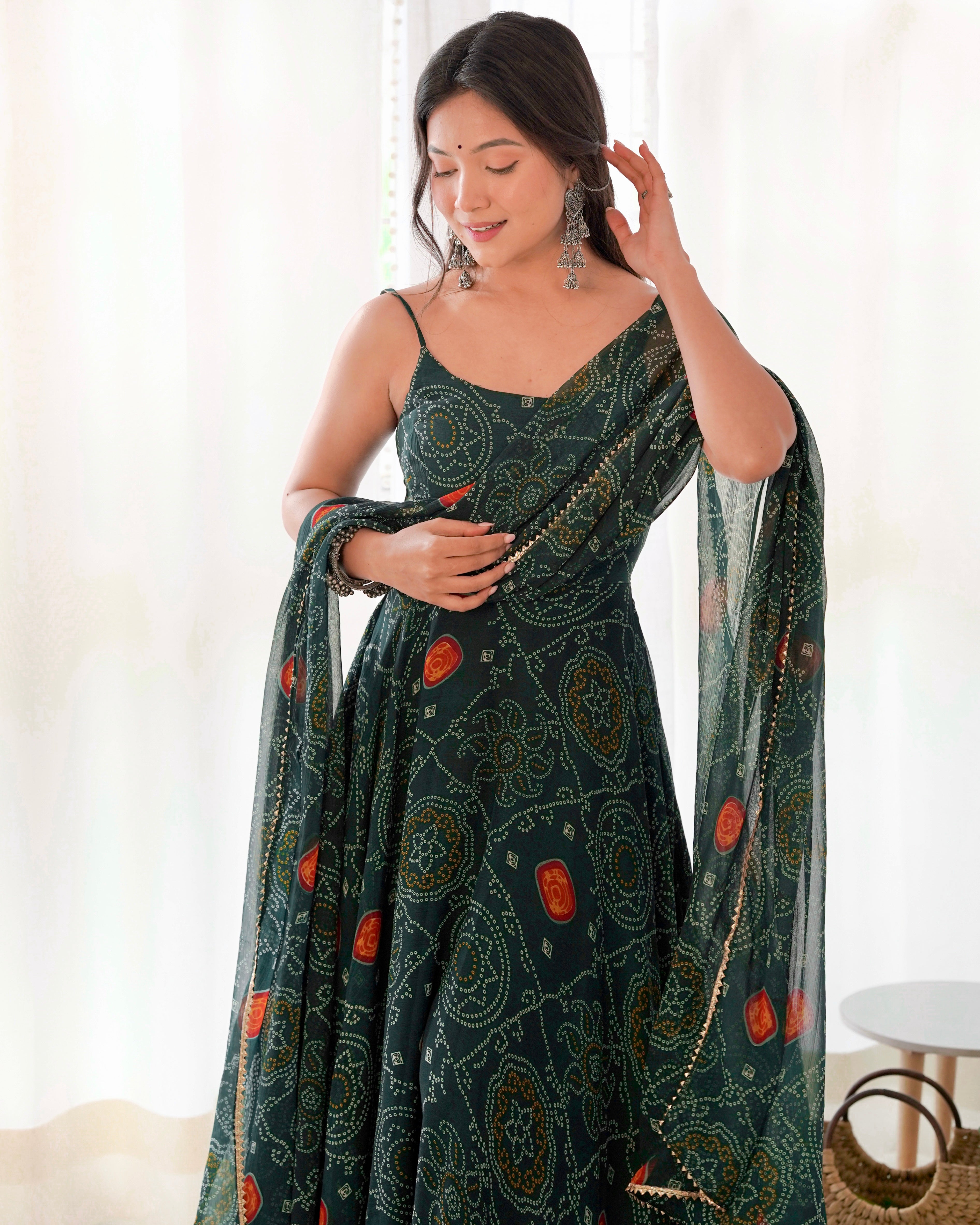 Digitally Printed Pure Chiffon Banndhej Anarkali Suit With Huge Flair Comes With Duppatta & Pant
