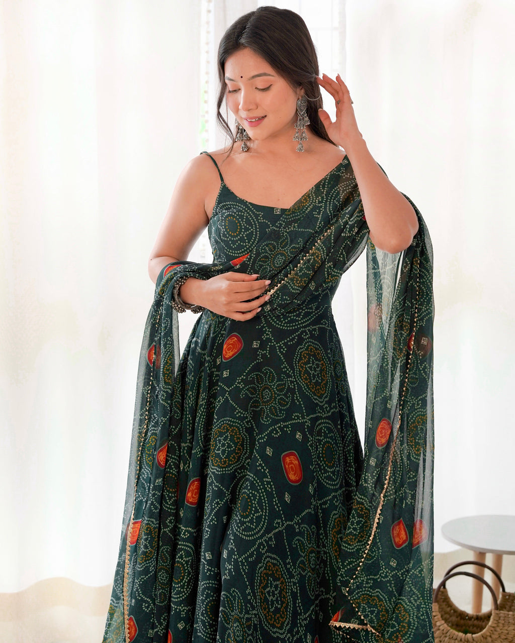 Digitally Printed Pure Chiffon Banndhej Anarkali Suit With Huge Flair Comes With Duppatta & Pant
